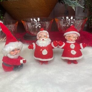 Flocked Vintage 50’s Christmas Ornaments Santa, Mrs. Claus & Tree Knee Hugger